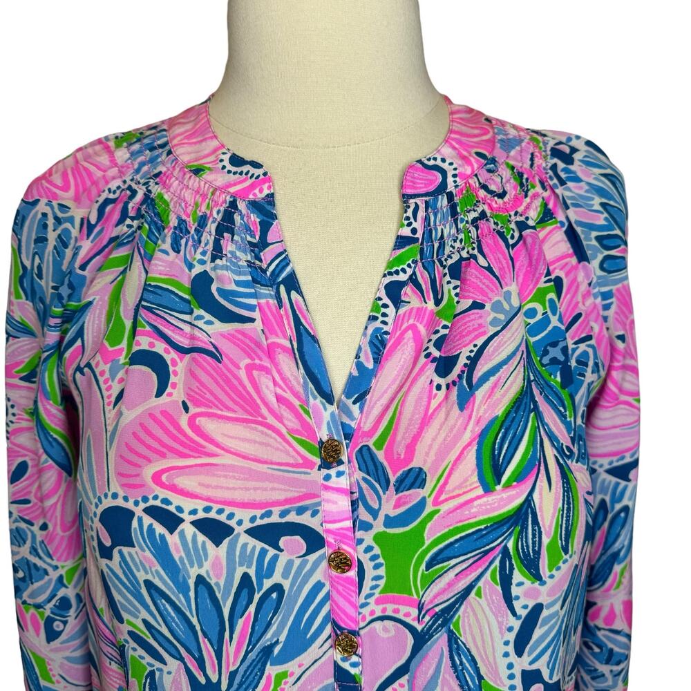 Lilly Pulitzer Elsa Silk Long Sleeve Top Gecko Green Tiger Sunrise Size Small - Picture 5 of 14